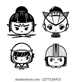 Bold and captivating Hand drawn collection set of cute Japanese samurai warriors, showcasing courage, strength, and cultural heritage