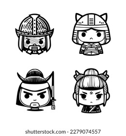 Bold and captivating Hand drawn collection set of cute Japanese samurai warriors, showcasing courage, strength, and cultural heritage