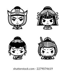 Bold and captivating Hand drawn collection set of cute Japanese samurai warriors, showcasing courage, strength, and cultural heritage