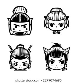 Bold and captivating Hand drawn collection set of cute Japanese samurai warriors, showcasing courage, strength, and cultural heritage