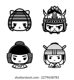 Bold and captivating Hand drawn collection set of cute Japanese samurai warriors, showcasing courage, strength, and cultural heritage