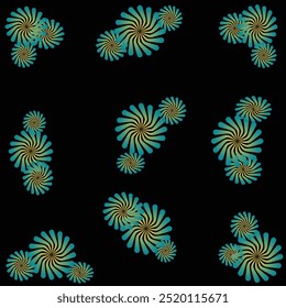 Bold captivating pattern featuring turquoise and yellow swirling floral motifs scattered across a deep black background. modern, abstract design is perfect for fashion, textiles, or digital art.