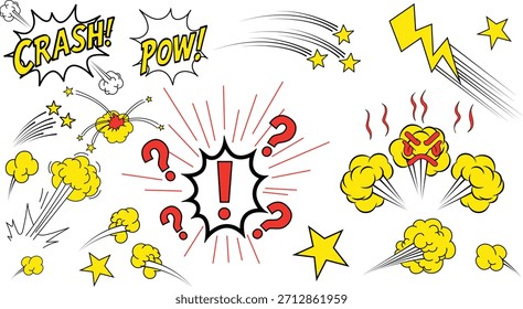 Atrevida ilustración de acción de dibujos animados con estallidos de pólvora de choque cómico, explosiones, senderos de movimiento, rayos y dramáticos detalles de impacto