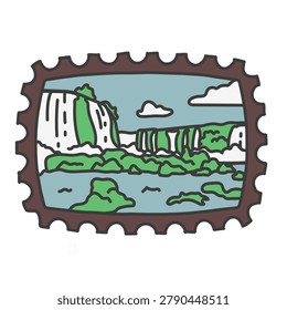 Bold cartoon illustration of Iguazú Falls featuring majestic cascading water, lush tropical rainforest, and vibrant eye catching colors