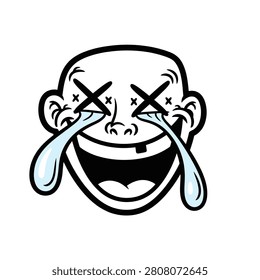 Bold cartoon illustration of a smiling face with X-shaped eyes and large blue tears streaming down, conveying intense emotion or humor in a playful style