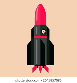 A bold cartoon missile with a military inspired design in red and black. A unique style that is perfect for sci-fi themes, space battle illustrations, or defense concepts.