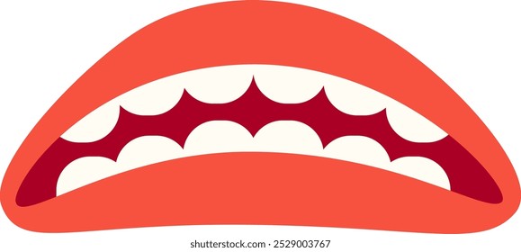 A bold cartoon mouth displays a wide grin with sharp red teeth, creating a fun and playful expression. The bright orange lips stand out against a simple white background.