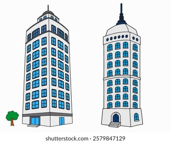 A bold cartoon skyscraper with blue windows and clean lines, ideal for city or urban-themed sticker bundles.