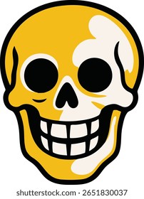 Bold cartoon vector of a yellow smiling skull. Playful and colorful design perfect for Halloween, t-shirts, posters, stickers, games, and children’s art projects.
