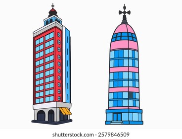 A bold cartoon-style skyscraper featuring reflective windows and sleek edges, perfect for urban-themed sticker collections.