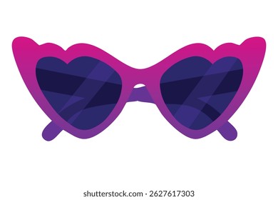 Bold cat eye sunglasses with heart-shaped purple lenses and magenta frame in cartoon flat style.