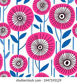 Bold and Catchy Beautiful Floral Decorative Seamless Pattern. Vector Pattern in pink and blue color palette can be used for textile, surface design, web, wallpaper, packaging and more.