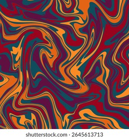 Padrão de espiral abstrato, ousado e caótico em tons laranja queimado, azul-petróleo profundo, maroon e borgonha, evocando uma lâmpada de lava ou psicodélico vintage inspirado estética.