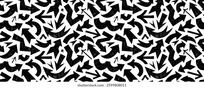 Bold charcoal or crayon drawn arrows seamless banner design. Handdrawn seamless pattern with folded and curved geometric arrows. Bold brush drawn elements wrapping paper. Various directions.