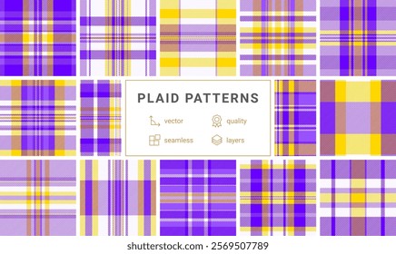 Bold check patterns with stripes and textured backgrounds. A perfect collection for Scottish or English themed textile and clothing projects.