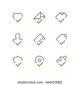 Bold checkmark outline vector icon set - heart, envelope, document, person, credit card, price tag, shield, address and puzzle with tick or checkbox symbols. Contacts and business signs.