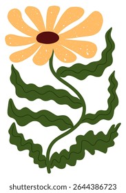Bold and cheerful hand drawn flower with wavy green leaves and textured yellow petals. A sunny and playful design, great for posters, packaging, kids' decor, and creative floral compositions
