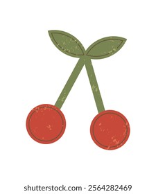 Bold cherry sticker abstract. Flat element with a grunge texture and y2k vibes. This cherry shape captures the essence of retro brutalism, suitable for modern design projects and fun graphics.