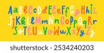 Bold childish alphabet with lowercase and uppercase letters. Brush drawn funky typography for collages and design posters. Stencil graffiti font. Capital letters in colorful style with thick strokes.