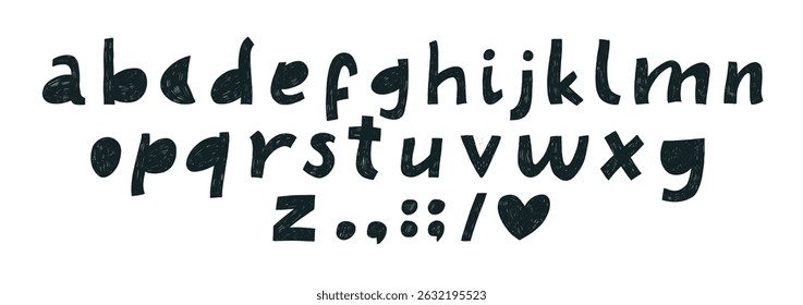 Bold childish funky font with crayon texture. Alphabet letters silhouettes. Hand drawn bold letters collection. Retro or vintage vector typeface fot kid's design, home decoration and kindergarten.