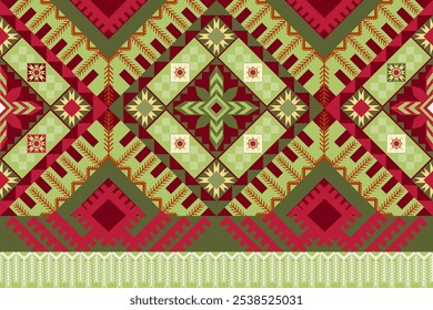 Bold Christmas-Inspired Native American Geometric Pattern with Intricate Diamond and Star Motifs in Festive Red, Green, and Yellow Hues. Perfect for Seasonal Textiles, Home Decor, and Holiday Crafts.