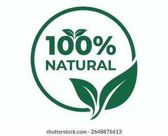 bold circular badge with "100% NATURAL" in green and two stylized leaves. Ideal for branding organic products, food, or supplements, it clearly conveys purity, authenticity, and eco-friendly values
