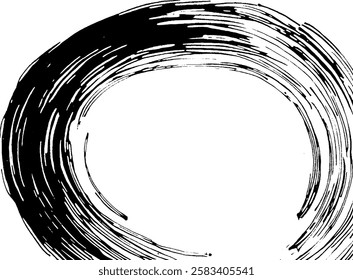 A bold, circular brush stroke in black, creating an artistic and dynamic frame. The stroke has a textured appearance, emphasizing movement and creativity.