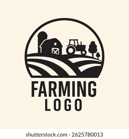 Um logotipo de fazenda circular arrojado em estilo silhueta preto e branco, perfeito para marcas agrícolas, embalagens agrícolas orgânicas, etiquetas de produtos vintage e identidade de negócios rurais.
