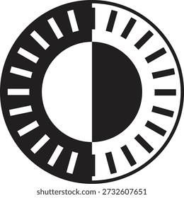 A bold, circular graphic featuring a striking symmetrical contrast of black and white. The design utilizes a radial pattern of negative space blocks surrounding a bisected central circle, creating a dynamic visual representing balance, precision, and optics.