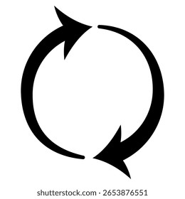 Icono de actualización circular en negrita con dos flechas curvas que forman un bucle, que representan la sincronización, el Actualizar, la recarga o la funcionalidad de repetición. Ideal para interfaces de usuario, herramientas de App, Configuraciones.