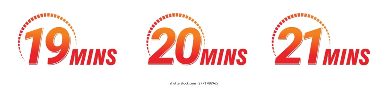 Bold circular timer icons showing 19, 20, and 21 minutes. Vector Illustration,