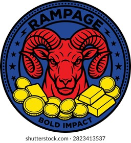 A bold circular vector emblem featuring a red ram head surrounded by gold coins and bars for a powerful brand identity.