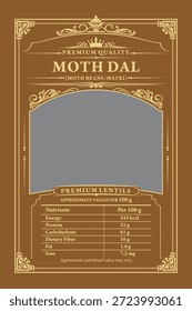 Design de etiqueta dupla ousado e limpo para Moth Dal com valores nutricionais para embalagens de pulsos.