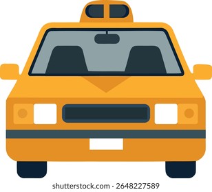 A bold and clean flat color vector illustration showcasing the front view of a bright yellow taxi cab. Its symmetrical design with prominent headlights and a rooftop sign.