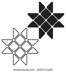 Uma mandala de flor-estrela ousada e limpa com simetria geométrica, combinando estilos preenchidos e contornados perfeitos para logotipos ou padrões.