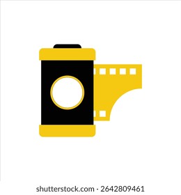 Bold and clean vector of a traditional photography film roll with yellow highlights, perfect for vintage photo themes, camera collections, and analog branding.