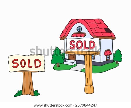 A bold and clear cartoon-style SOLD sign, perfect for real estate and property-themed sticker bundles.