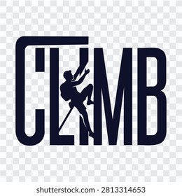 Bold CLIMB typography with a rock climber silhouette ascending on a rope between tall dark letters, presented on a transparent background for outdoor logos, climbing apparel, posters, stickers, adventure branding, and sports graphics.