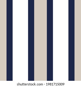 Bold coastal stripe seamless vector pattern. Hamptons style, nautical inspired design with thick vertical lines in navy blue, white and natural beige colours. Minimal repeat wallpaper texture art.  