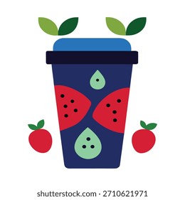 Una taza de café ennegrecida cubierta de uva y sandía