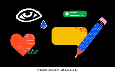 A bold collage of pencil, heart, eye and speech bubble. A stylized design template for a dialog, notification, or memo.