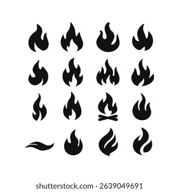A bold collection of black flame icons including various fire styles, campfire symbols, and heat wave shapes. Suitable for app UI, fire safety infographics, or weather visuals.