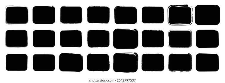 A bold collection of filled and outlined black squares created with grunge ink and brush stroke effects, ideal for modern minimalist design projects.

