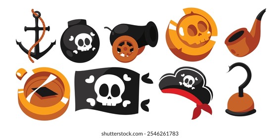 Una atrevida colección de íconos de temática pirata, incluyendo banderas de calavera, anclas, cañones y ganchos, diseñados en un estilo vibrante y aventurero para proyectos náuticos.