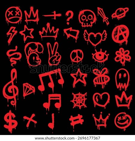 A bold collection of red graffiti-style vector icons on a black background. Includes crowns, skulls, hearts, stars, peace signs, music notes, and various street-style doodles with dripping paint