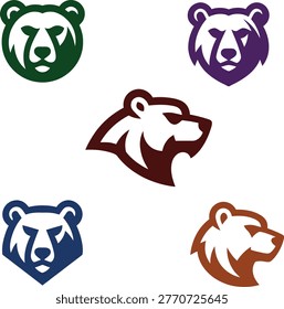 A bold collection of stylized bear logos designed using clean geometric shapes and strong visual symmetry. Each logo captures the power, resilience, and dominance of the bear through minimal yet expressive forms. The set includes multiple variations in different color schemes—green, purple, red, blue, and brown—offering versatility for branding across industries such as sports teams, outdoor gear, wildlife organizations, and corporate identities. The modern vector style ensures scalability, clarity, and strong visual recognition in both digital and print formats.