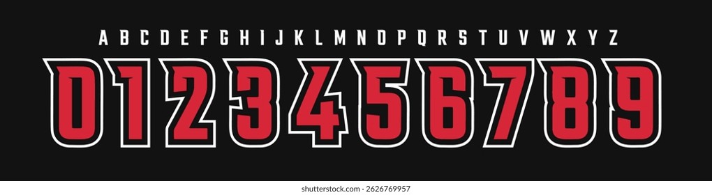 Bold College Varsity Number and Letter Logo Font, Sport Block Alphabet for team jerseys, school team branding, American football and championship typographic design. Vector typeset
