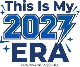 Bold collegiate lettering on a t-shirt declares 'This Is My 2027 Era' in vibrant blue. Ideal for apparel mockups and promotional materials.