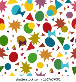 Negrita color festivo abstracto sin fisuras. Tejido de color claro. Diferentes formas abstractas, por todas partes impresas. Tejido moderno, papel envolvente, diseño de arte mural. Vector: 10.