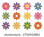 Bold color flowers, flat design, retro aesthetic, simple petals, cheerful floral collection
